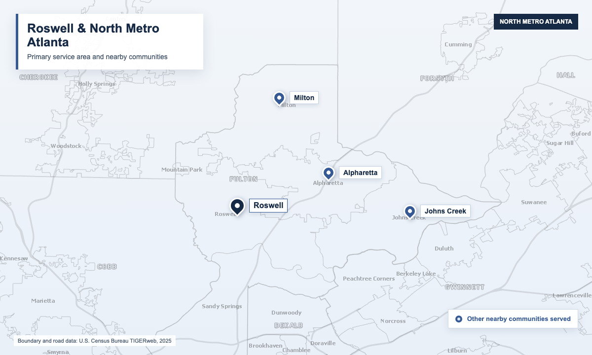 Specialty Plumbing and Drain service area map for Roswell and North Metro Atlanta