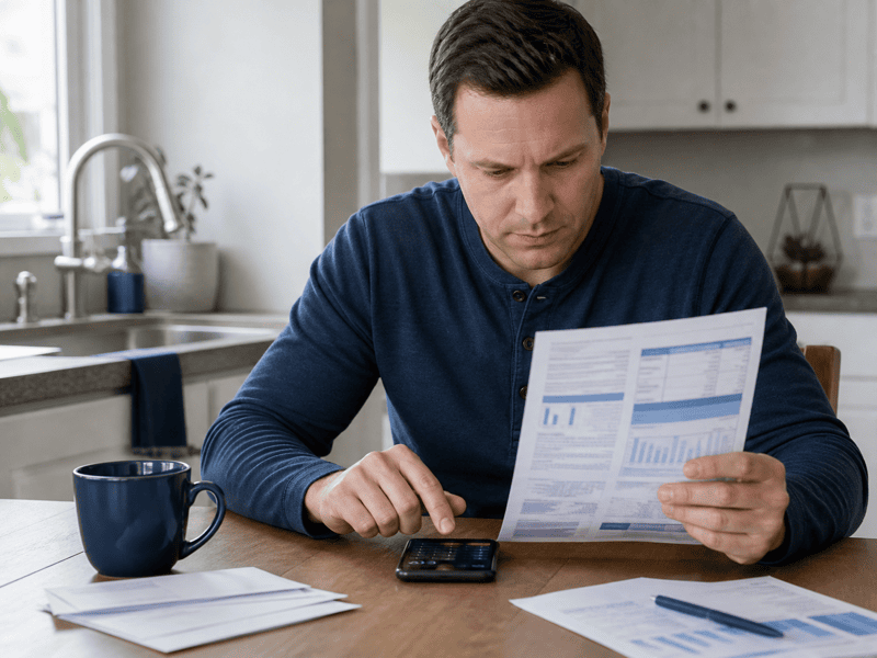 Homeowner reviewing a high water bill for signs of a plumbing leak