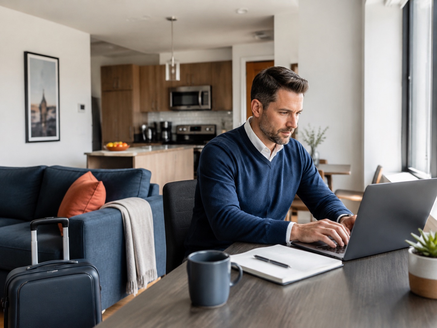 A professional working comfortably in a furnished home.