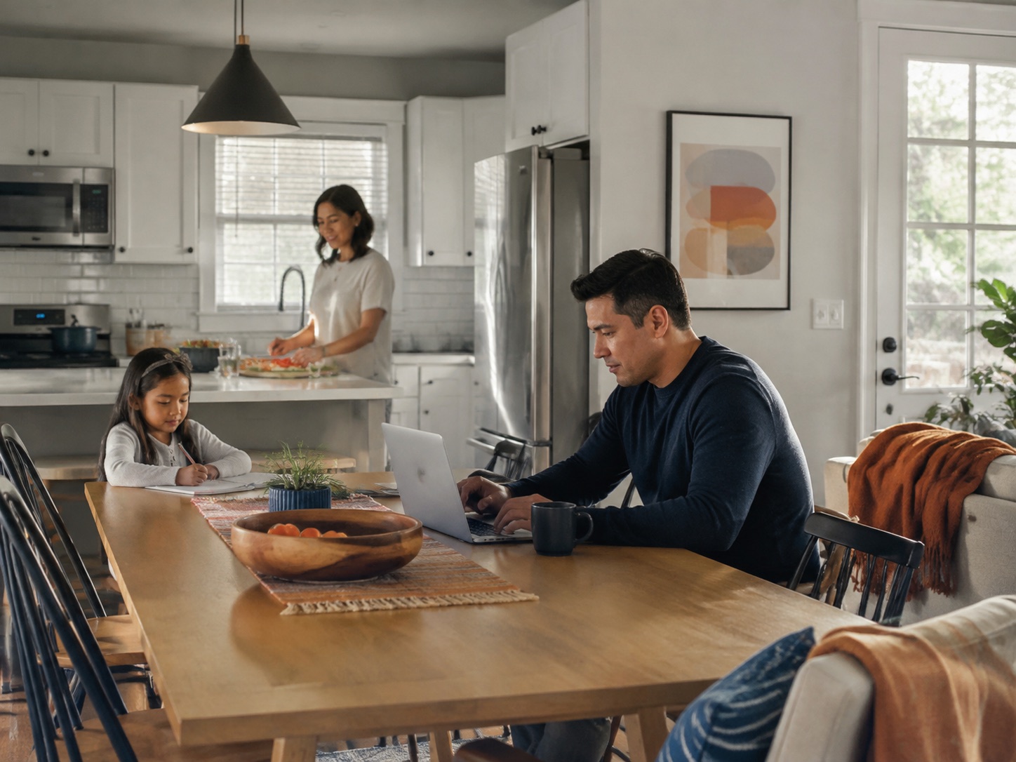 Guests continuing everyday routines in a comfortable furnished home.