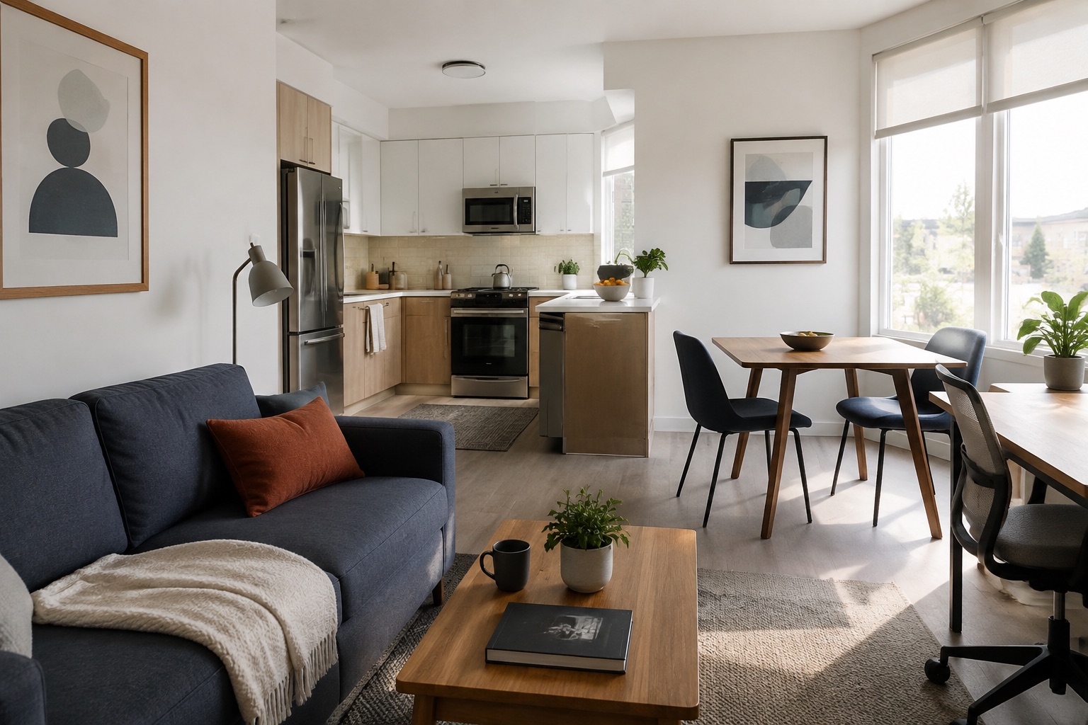A bright furnished apartment living space.
