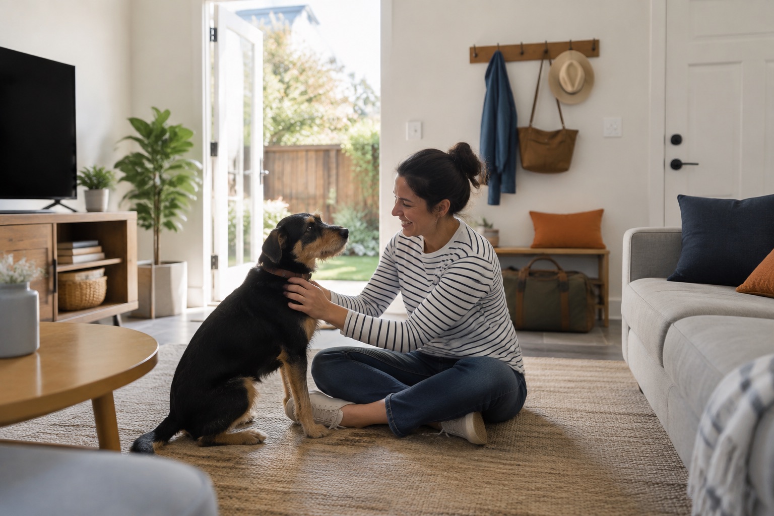 A family spending time with a pet in a furnished home.